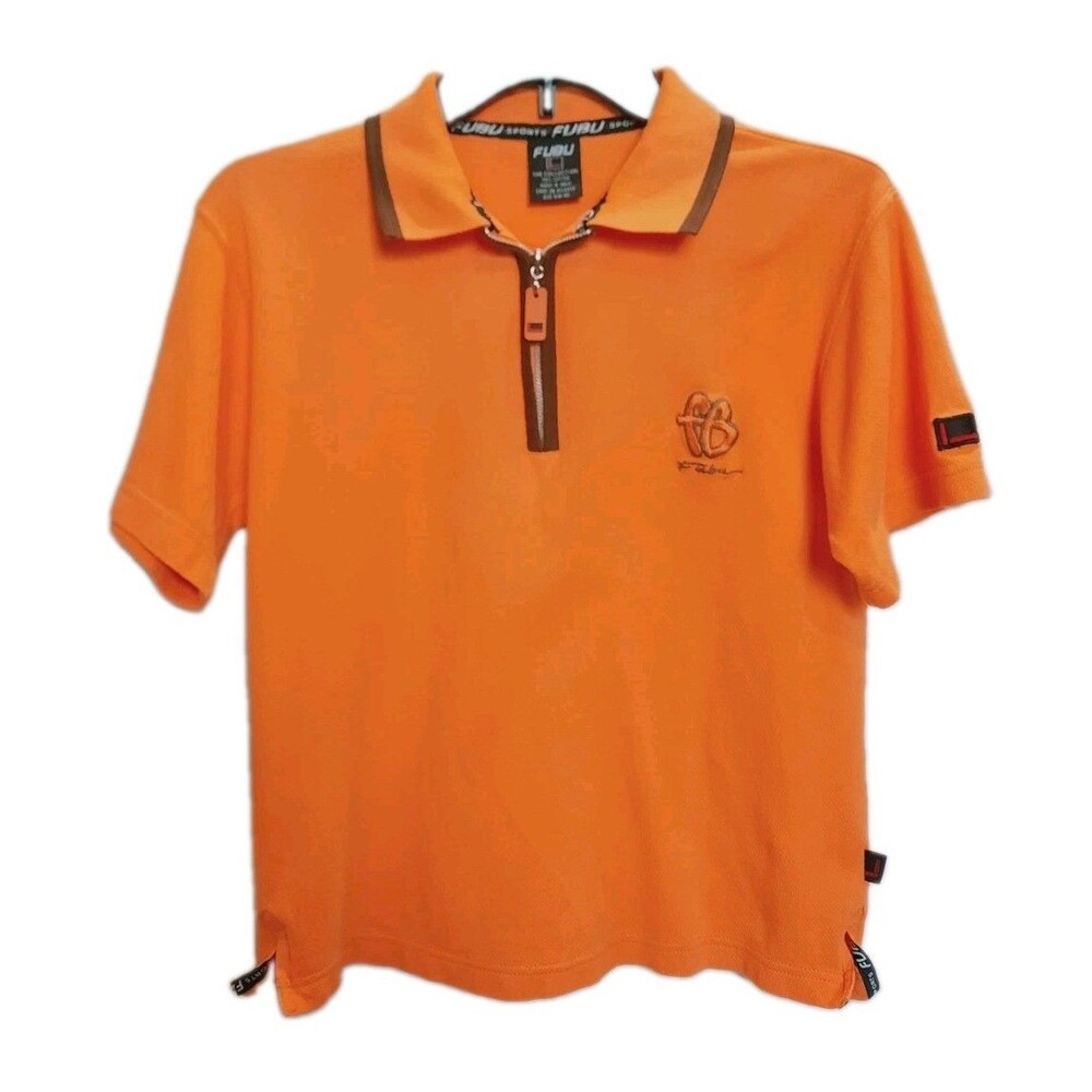 Vintage FUBU Sports Youth S 8/10 Orange Zip Polo Shirt Y2K Streetwear 90s Logo